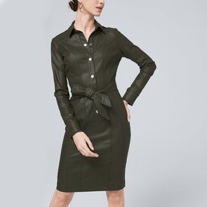 WHBM $160 LEATHER-LIKE Coated Stretch Denim Dress Faitigue Dark Olive Green 14